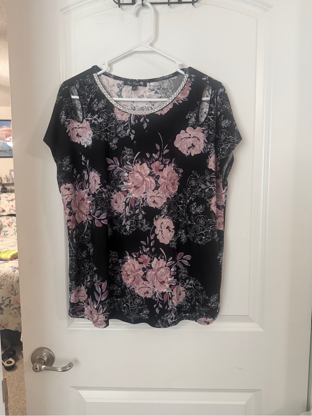 Black Floral Short Sleeve Blouse with Pink Roses and Rhinestone Trim